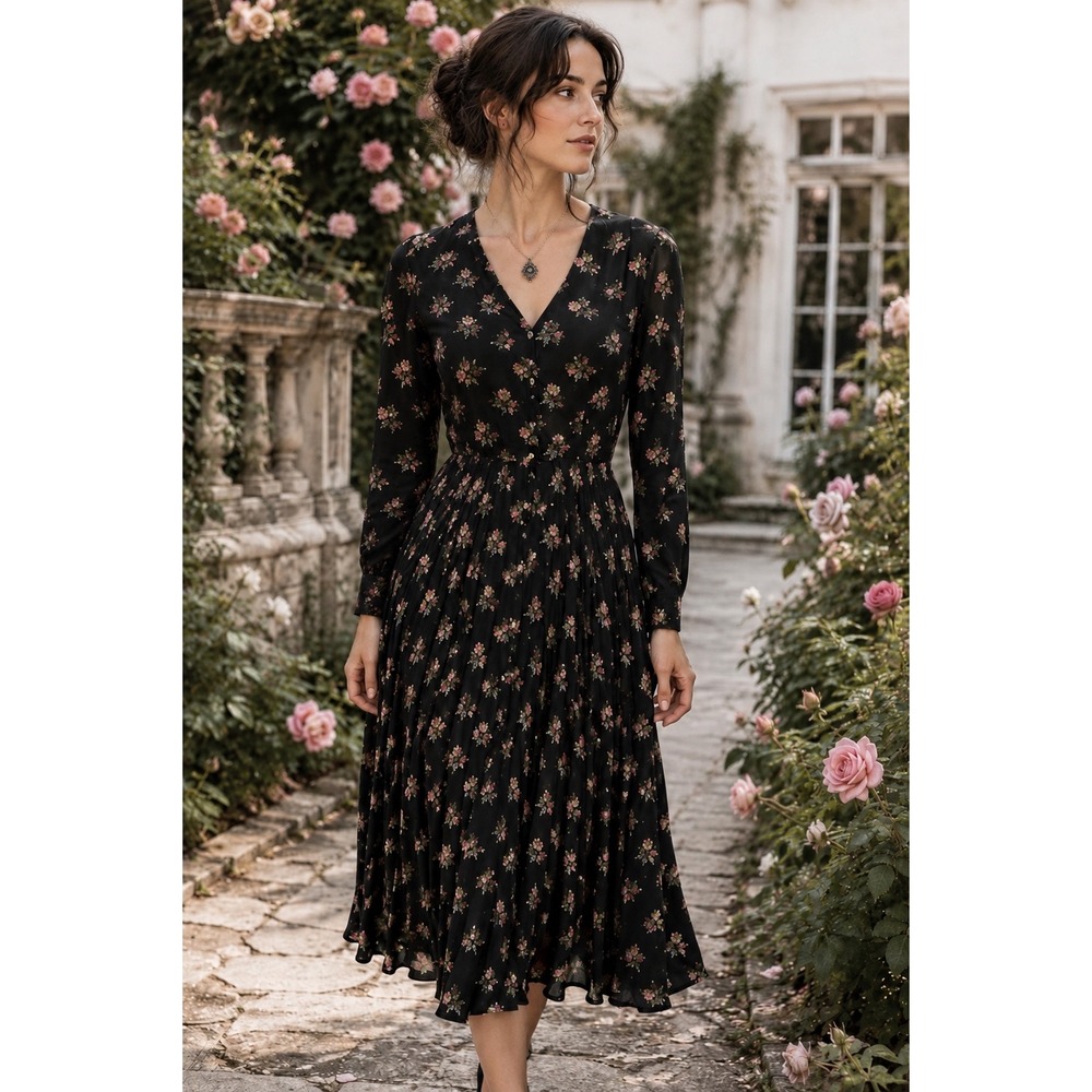 Vtg 90s Black  Floral Maxi Dress Cottagecore Dark Romantic Garden Party  Large